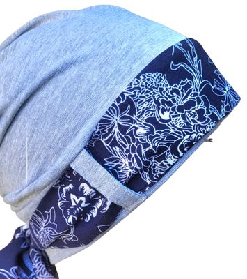 Carey Chemo Hat - Grey with Navy ribbon