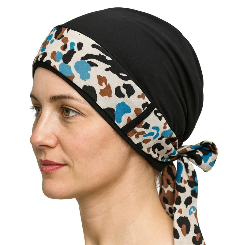 Carey Chemo Headwear - Black with print ribbon