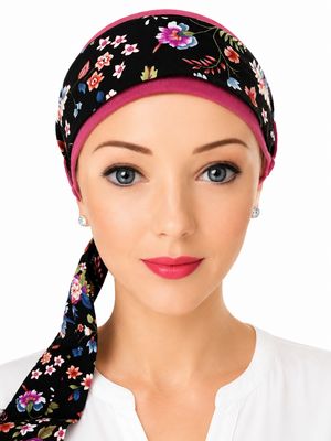 Carey Chemo Hat  - Dusty Rose with Black floral removable Ribbon