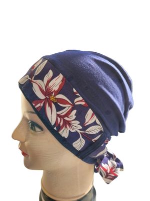 Carey Chemo Hat - Navy with navy floral Ribbon