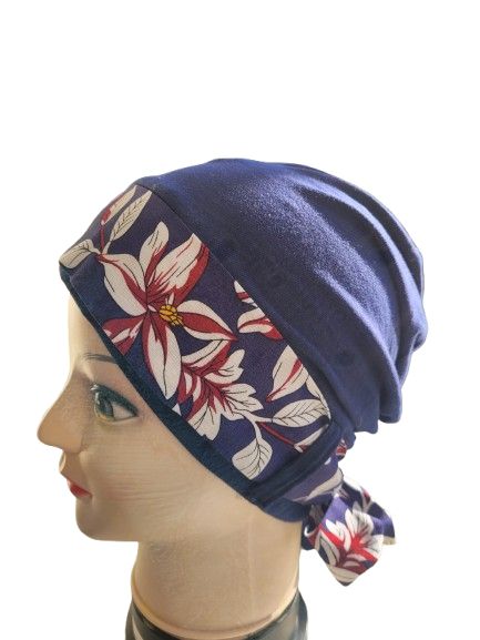 Carey Chemo Hat - Navy with navy floral Ribbon