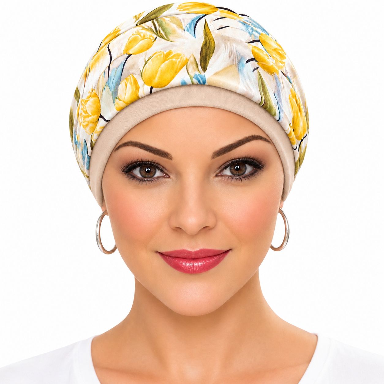 Carey chemo Hat - Soft beige hat with lemon removable ribbon