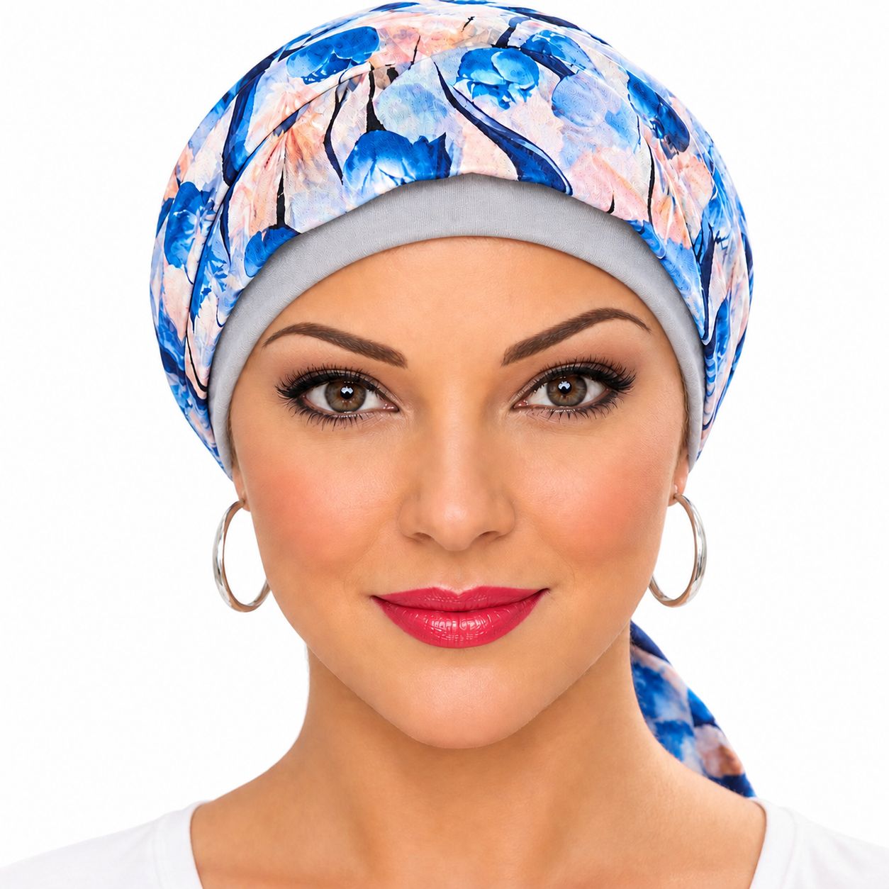 Carey  Chemo hat - light grey with removable navy Ribbon 