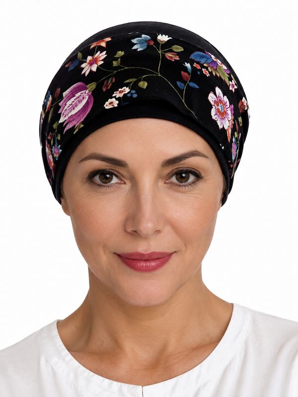 Carey Chemo Hat - Black hat with removable floral Ribbon
