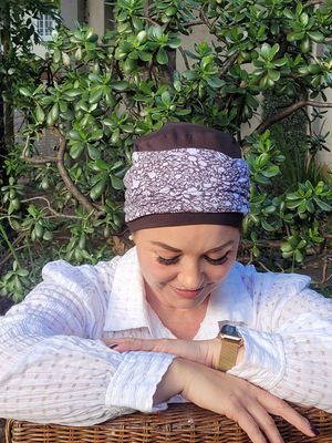 Chocolate chemo hat, 3 in 1 with dainty floral headband