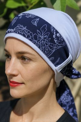 Carey Chemo Headwear - white hat with Navy removable Ribbon