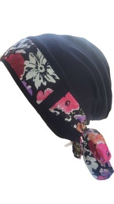Carey Chemo Headwear - Black with floral ribbon