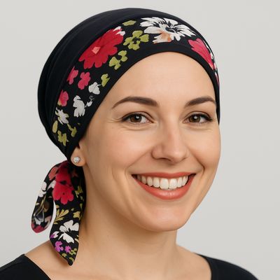 Carey Chemo Headwear - Black with floral ribbon