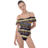 Frill Detail One Piece Swimsuit Afro Patchwork Print Design #9