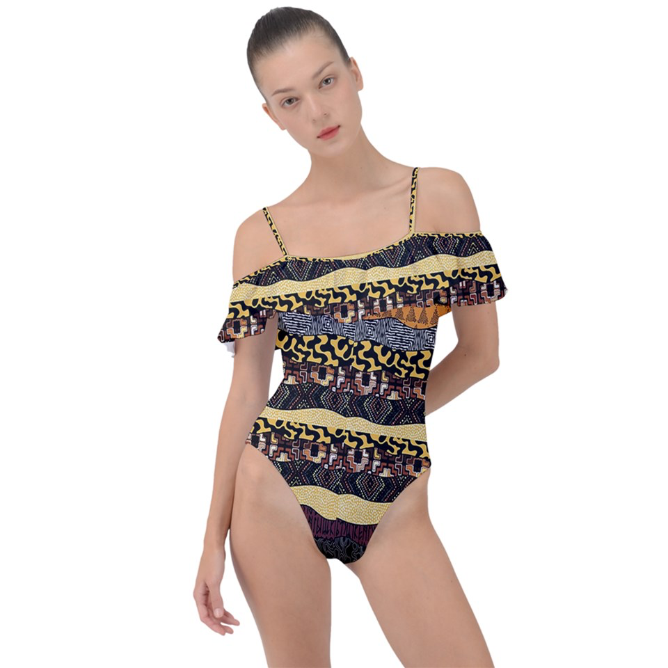 Frill Detail One Piece Swimsuit Afro Patchwork Print Design 4