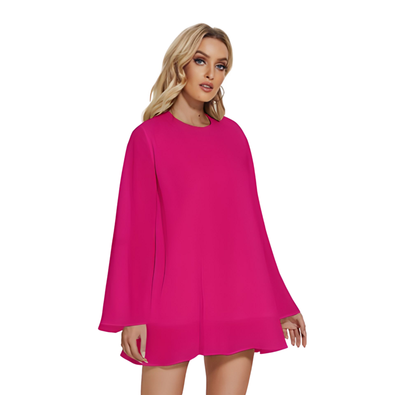 ROUND NECK LONG SLEEVE BOHEMIAN STYLE CHIFFON MINI DRESS