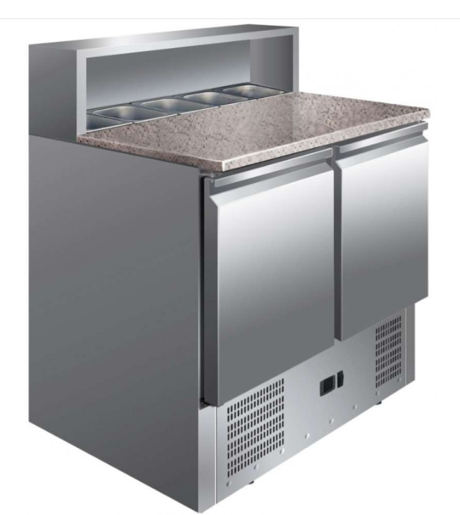 Mesa refrigerada con encimera de granito y 5 cubetas.