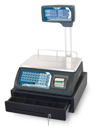 Báscula con ticket de 3 vendedores con cajón portamonedas.