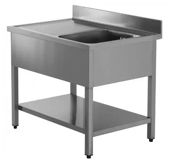 Fregadero industrial en acero inoxidable con cuba y escurridor.