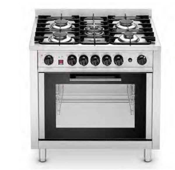 Cocina a gas de 5 fuegos con horno eléctrico.
