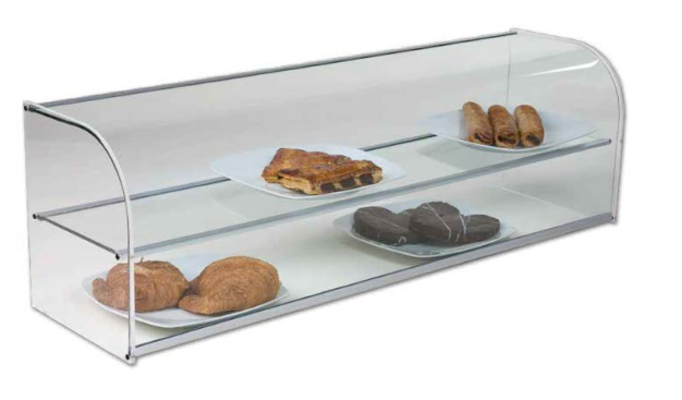Vitrina neutra con cristal curvo doble.