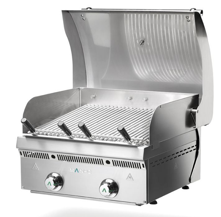 Barbacoa a gas en acero inoxidable con tapa aceleradora.