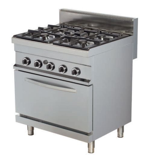 Cocina a gas de 4 fuegos con horno inferior.