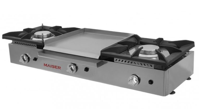 Cocina a gas 2 fuegos con plancha central.