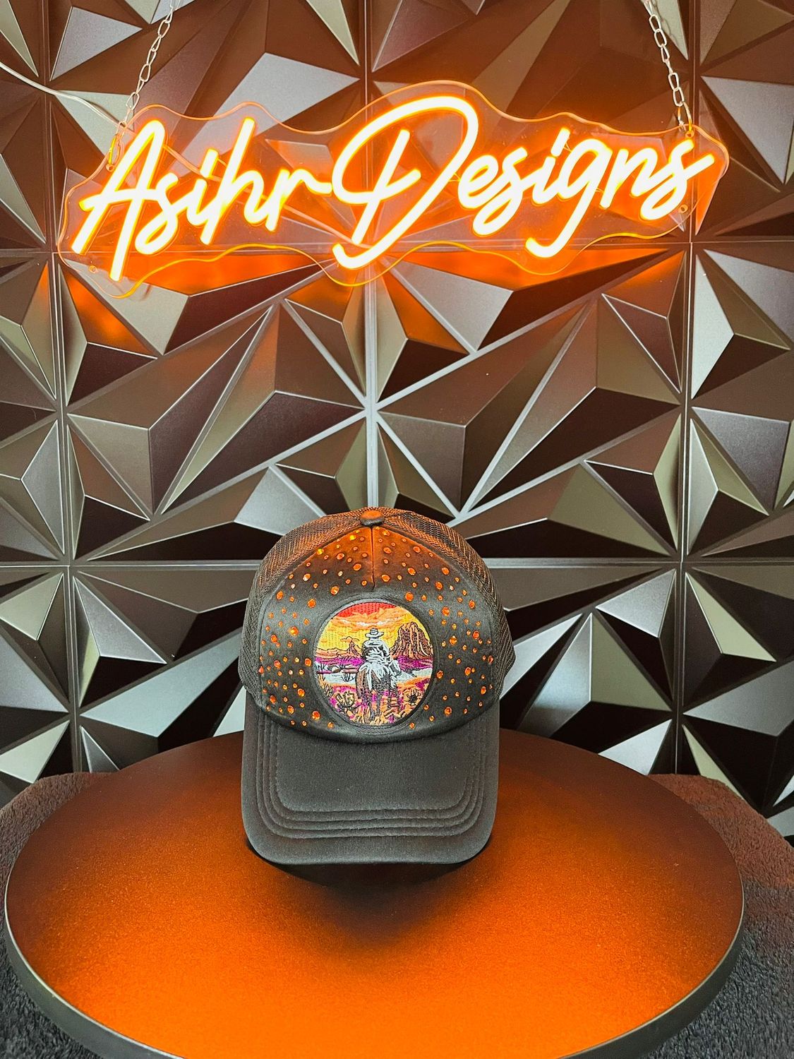 Lone Cowboy Mesh Trucker Hat – Black with Orange Rhinestone