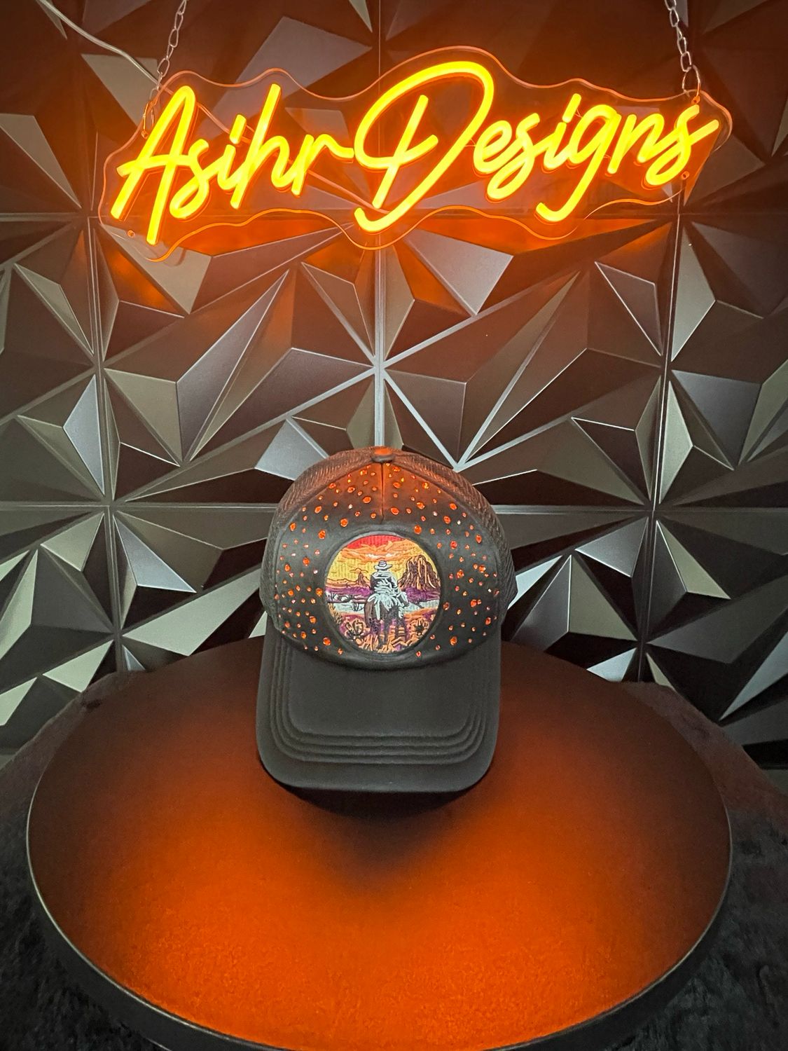 Lone Cowboy Mesh Trucker Hat - Black With Orange Rhinestones