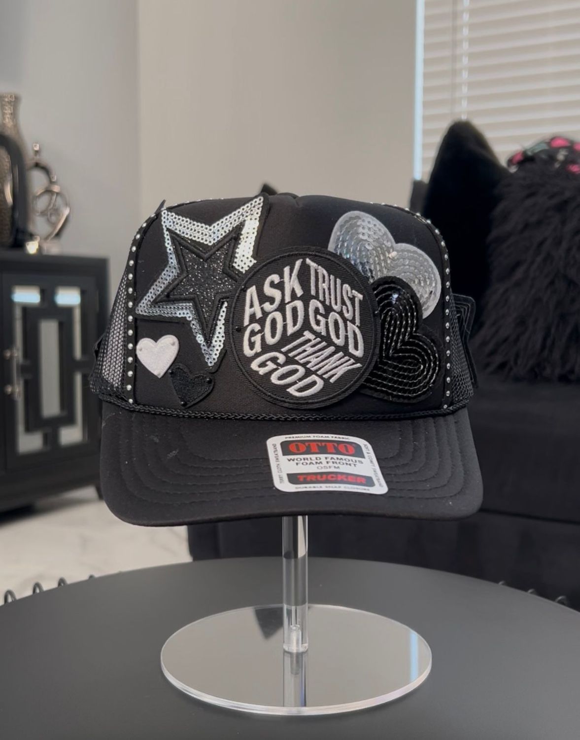 Faith &amp; Sparkle Trucker Hat – Black &amp; Silver