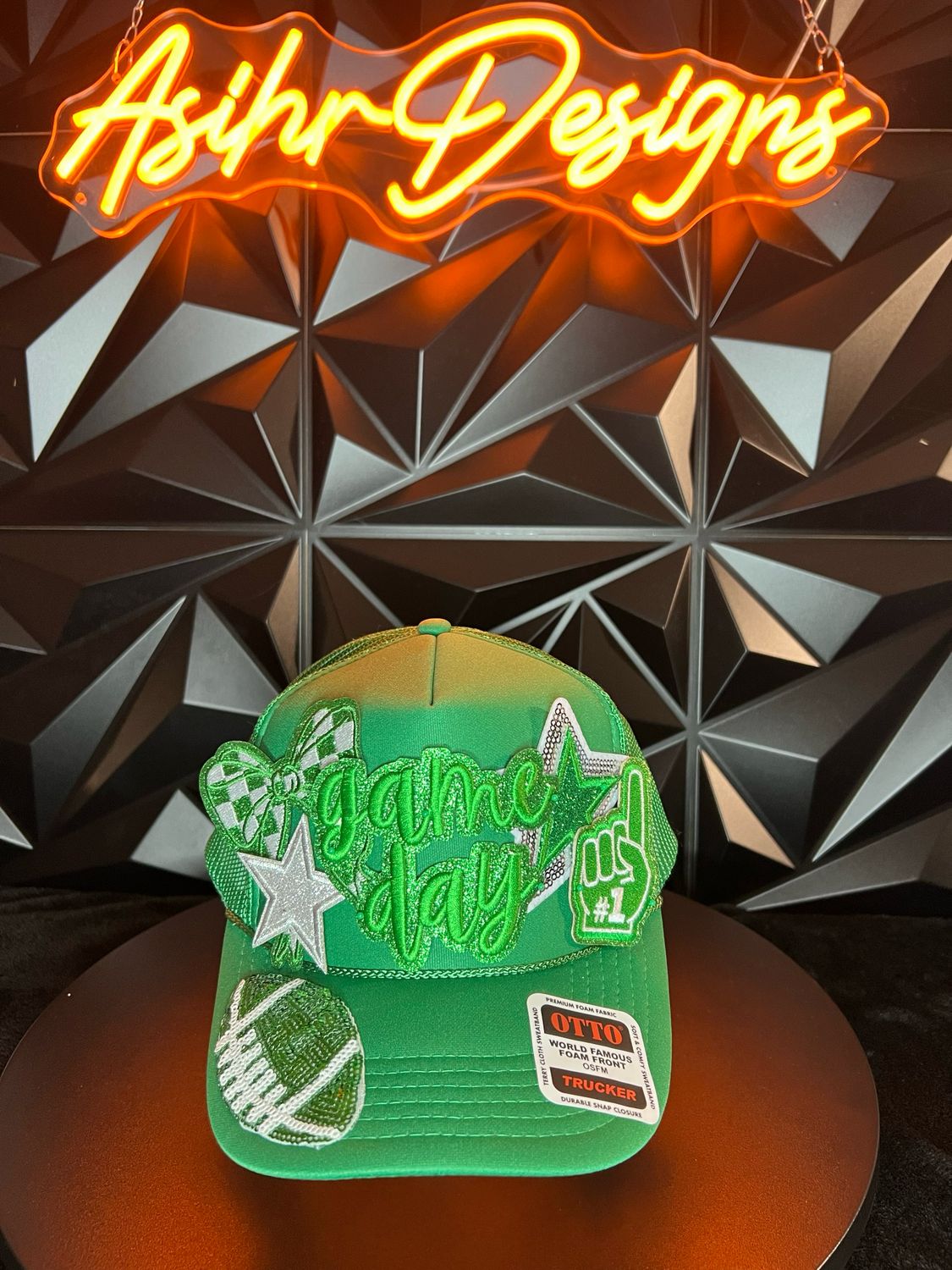 Game Day Glitter Patch Trucker Hat – Green Sequin Football Edition