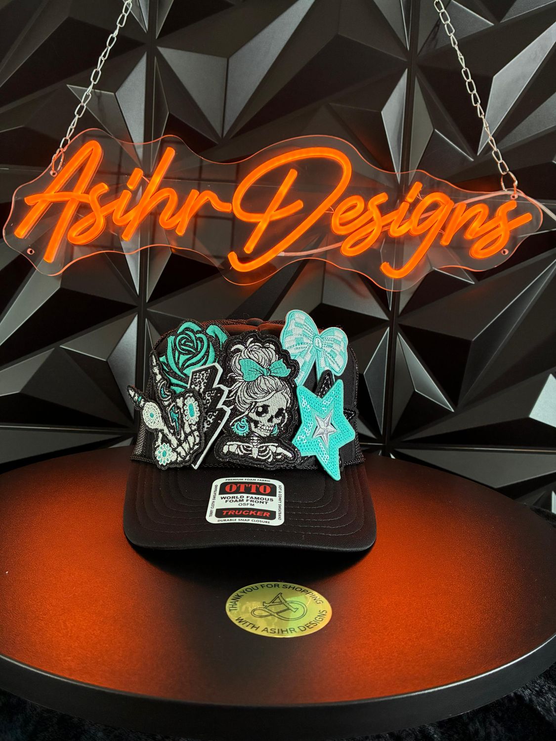 Teal Rebel Skull Glam Trucker Hat