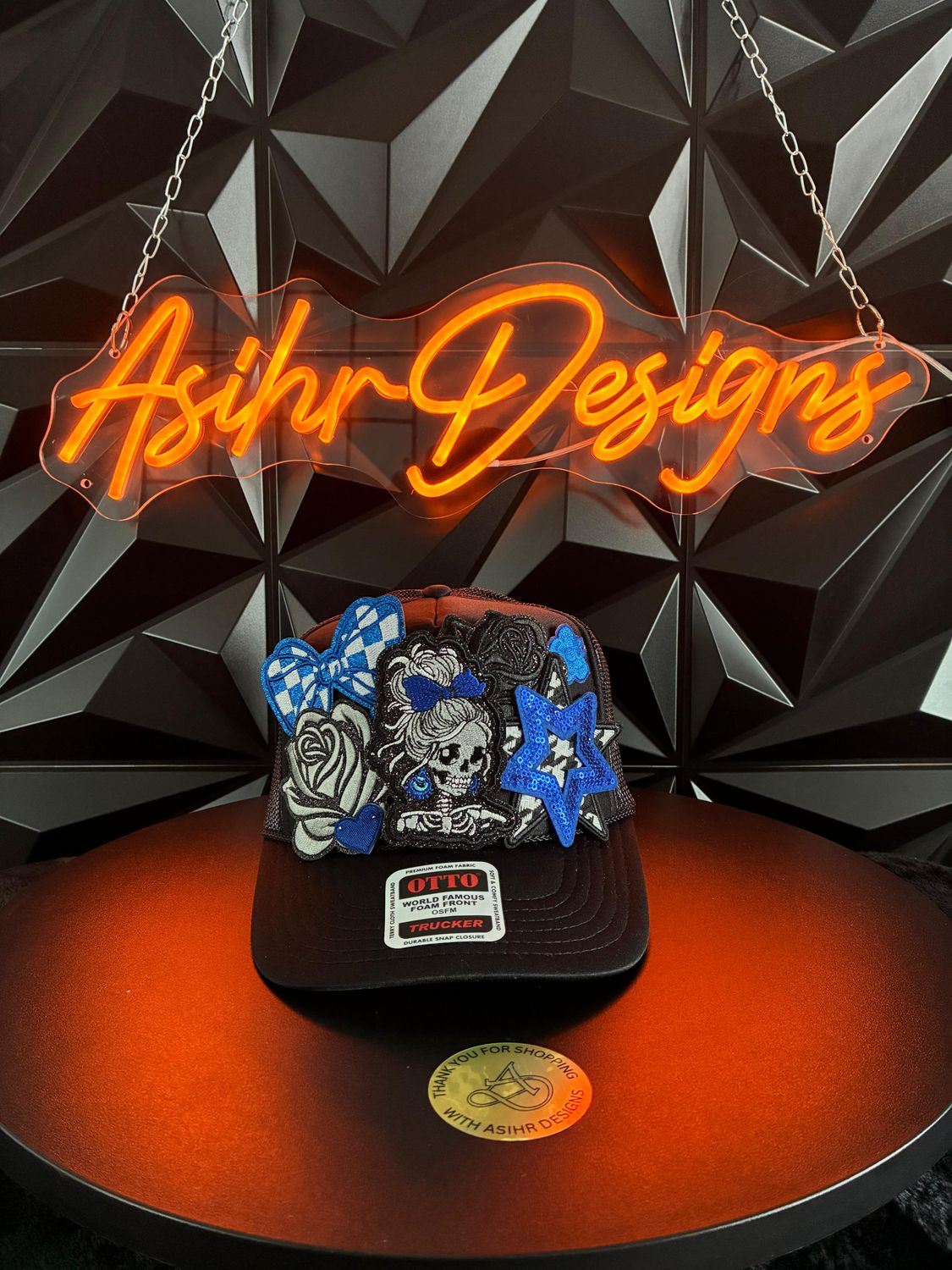 Blue Rebel Skull Glam Trucker Hat
