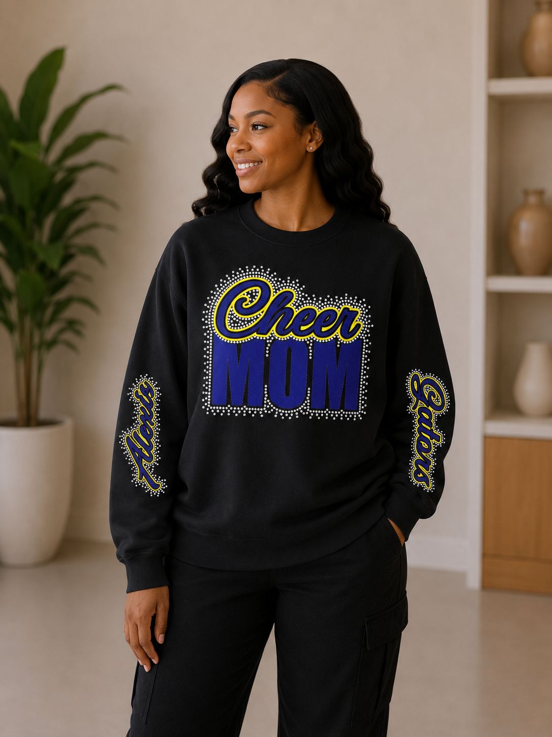 Cheer Mom Rhinestone Sweatshirt – Custom Sleeve Name &amp; Team Edition