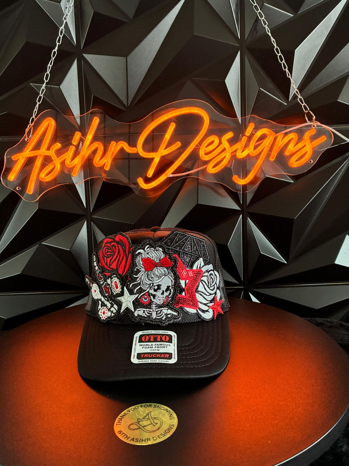 Crimson Rebel Skull Glam Trucker Hat