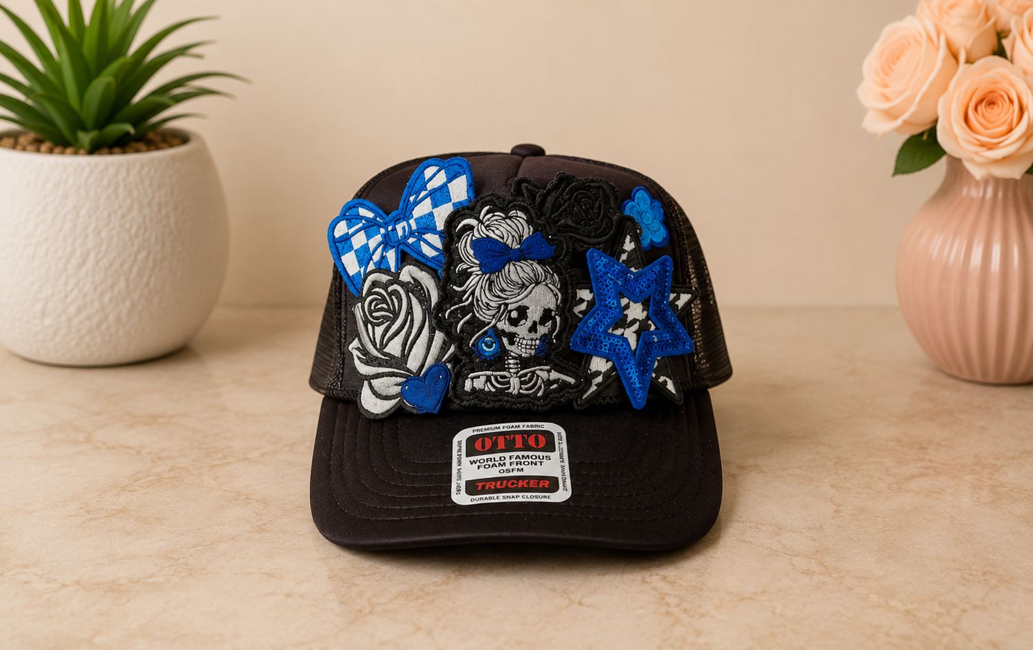 Blue Rebel Skull Glam Trucker Hat
