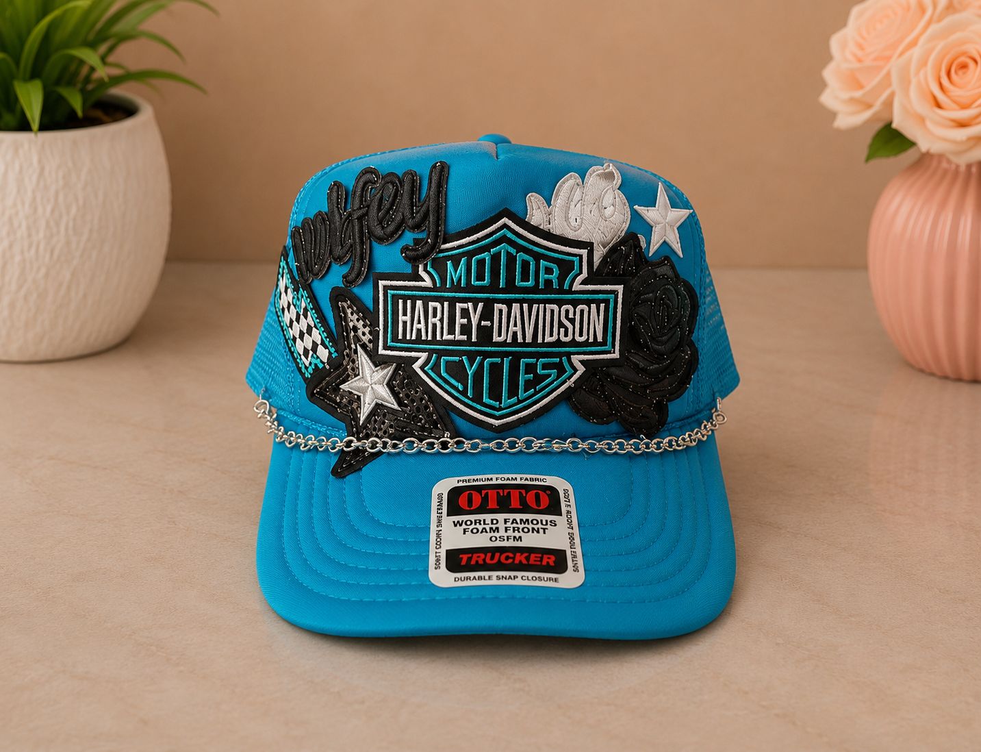 Teal Harley-Inspired Custom Trucker Hat