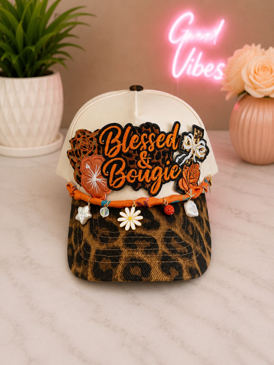 Blessed &amp; Boujee Orange Leopard Trucker Hat