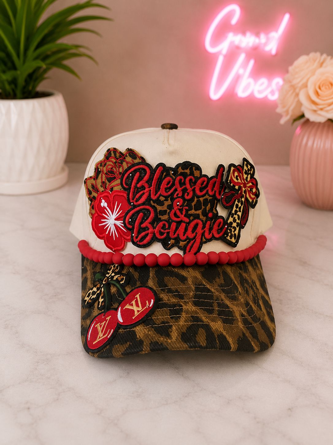 Blessed &amp; Boujee Red Leopard Trucker Hat