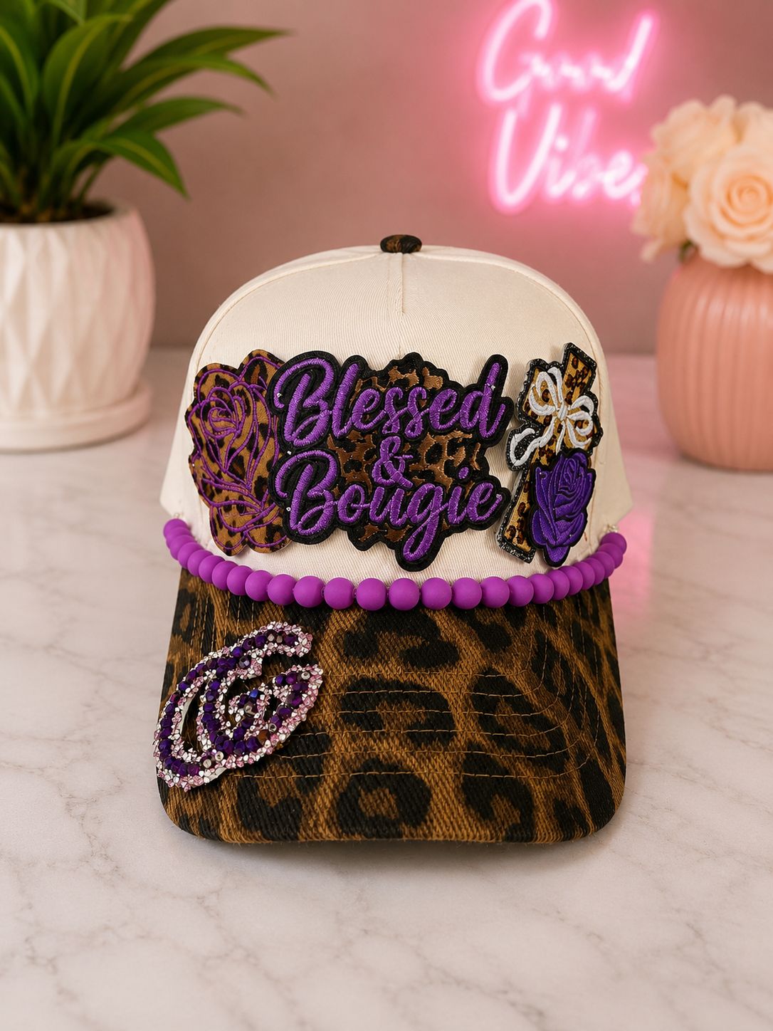 Blessed &amp; Boujee Purple Leopard Trucker Hat