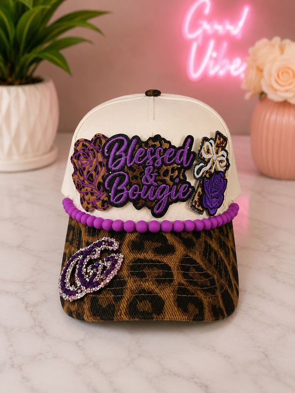 Blessed &amp; Boujee Purple Leopard Trucker Hat