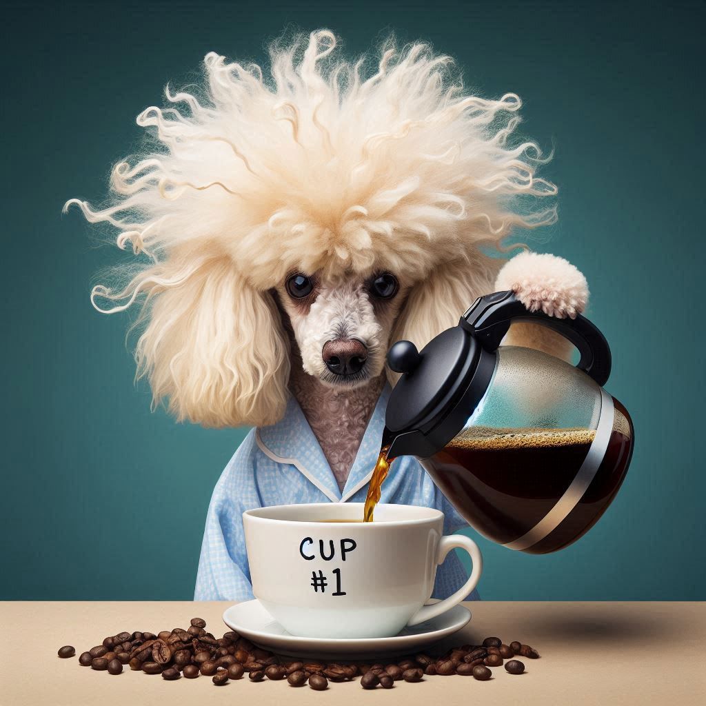 Bed-head poodle pouring a cup of coffee.