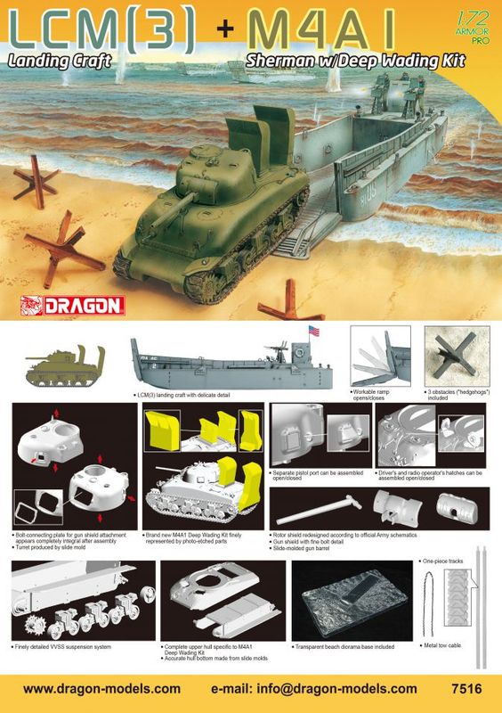 Dragon 7516 - LCM(3) Landing Craft + M4A1 w/Deep Wading Kit 1:72