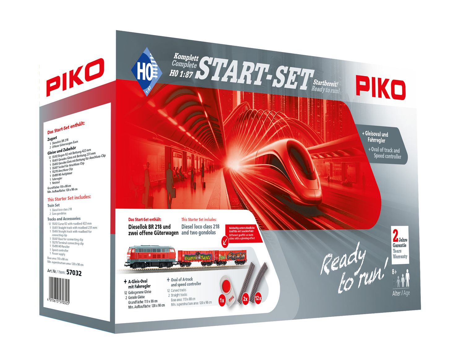 Piko 57032 -  70 / 5.000 Startset kindergoederentrein BR 218 DB AG met twee open goederenwagens Eaos H0