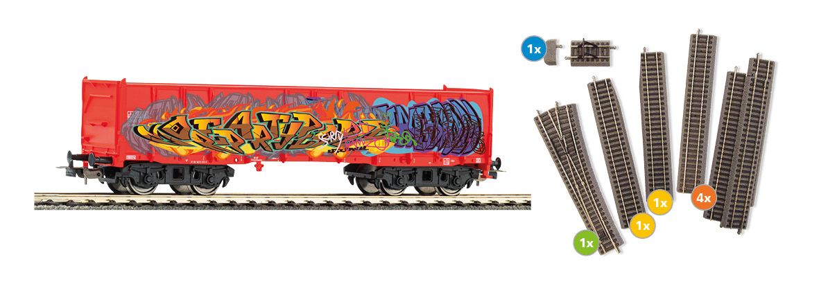 Piko 55380 - Ergänzungs-Set – Güterwagen Eaos mit Graffiti und Gleiserweiterung (Bettungsgleis) H0