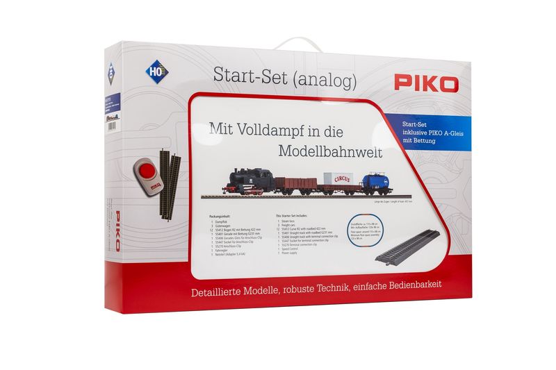 Piko 57113 - Start-Set analoog mit Bettung Dampflok, Güterzug