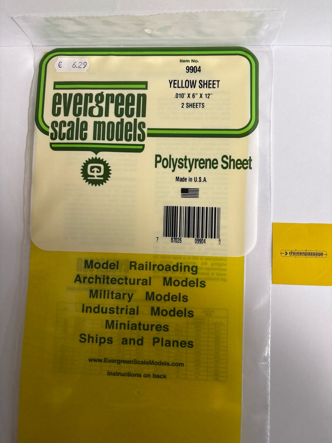 Evergreen 9904 - .010" thick YELLOW (.25mm)