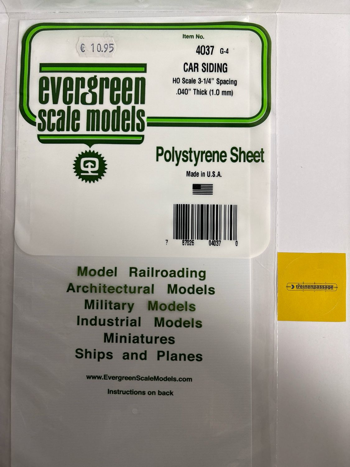 Evergreen 4037 - Gegroefd - 1mm dik - HO car siding