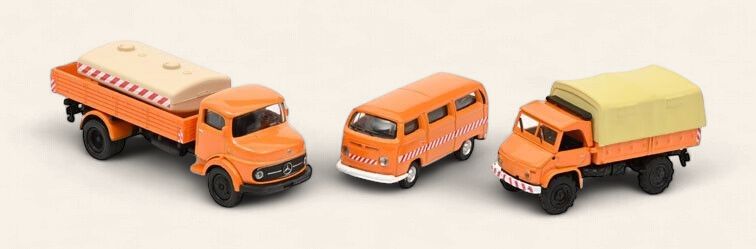 Schuco 1:87 -  MHI VW T2, MB L322 Unimog 404 Set oranje