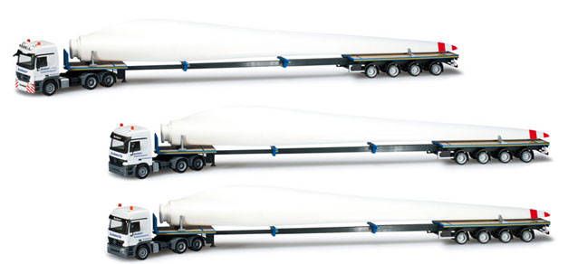 Herpa 1:87 - Mercedes-Benz Teletrailer-opleggers met windturbinebladen
