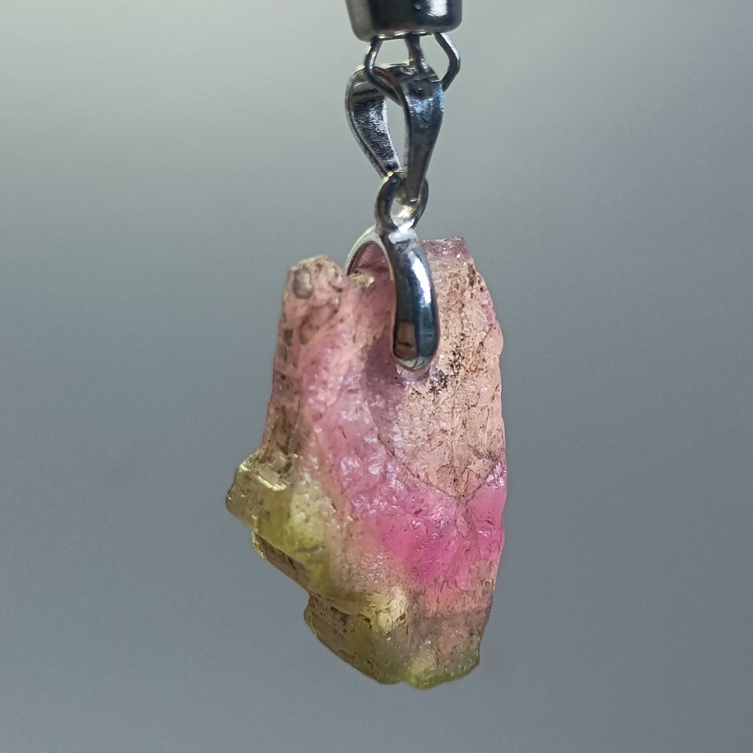 Pendentif tourmaline melon d&#39;eau rose, bélière argent 925