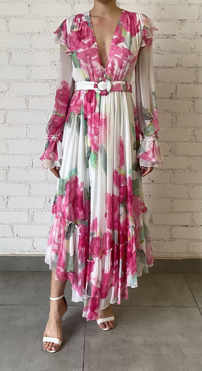 Rosa Pink White High Low Dress w Buckle Belt