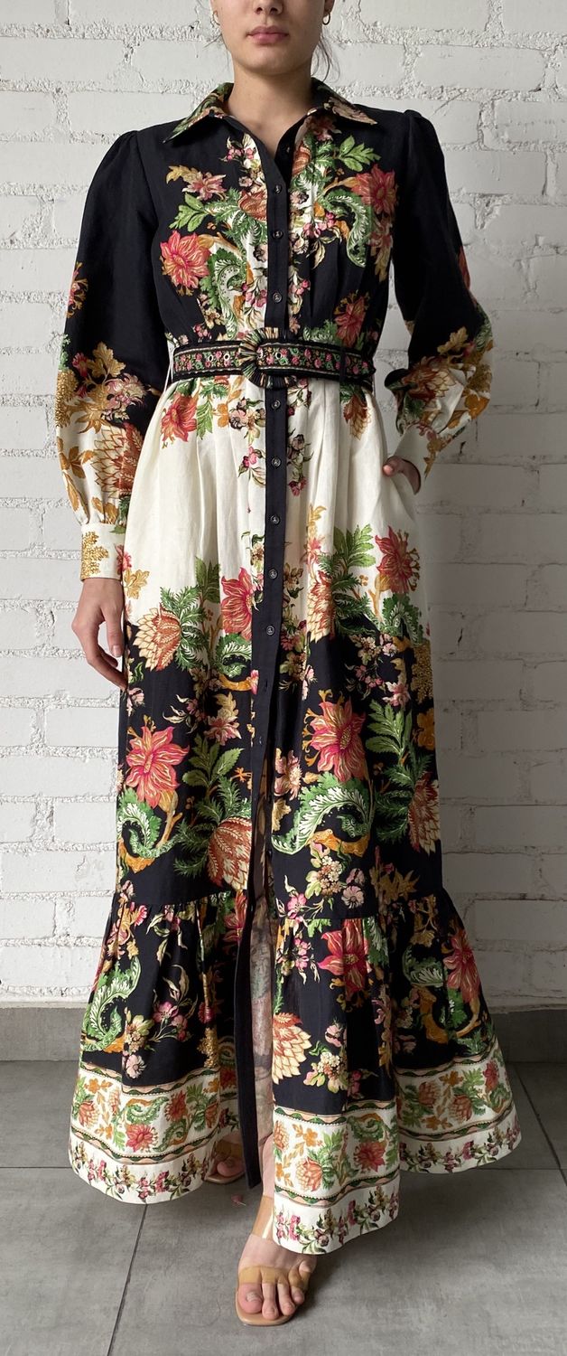 Pahi Long Shirt Dress w Buckle Belt Black Floral