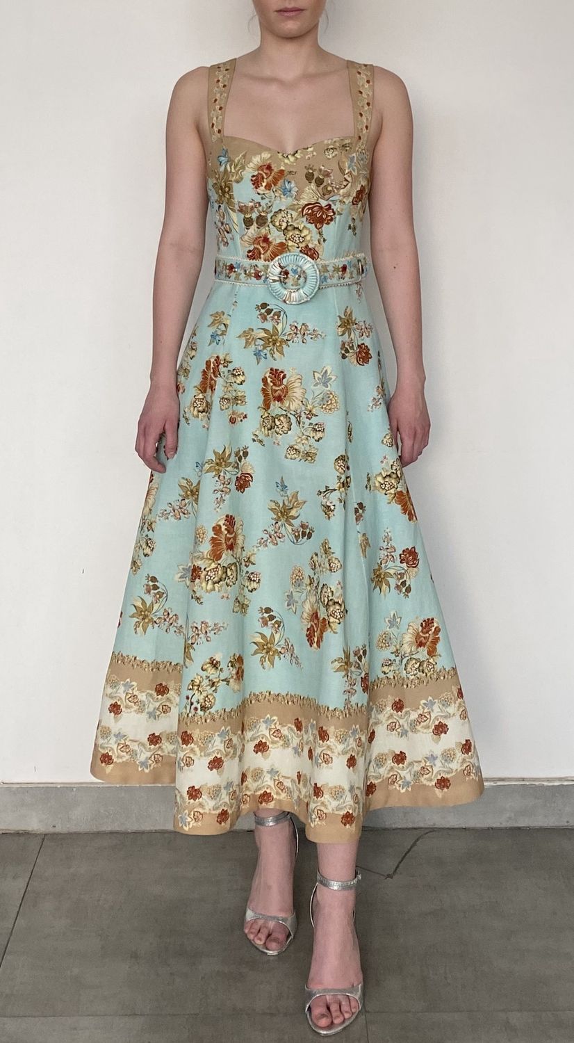 Rohi Long Dress with Buckle Belt Turquoise Mix, Size: X-Small